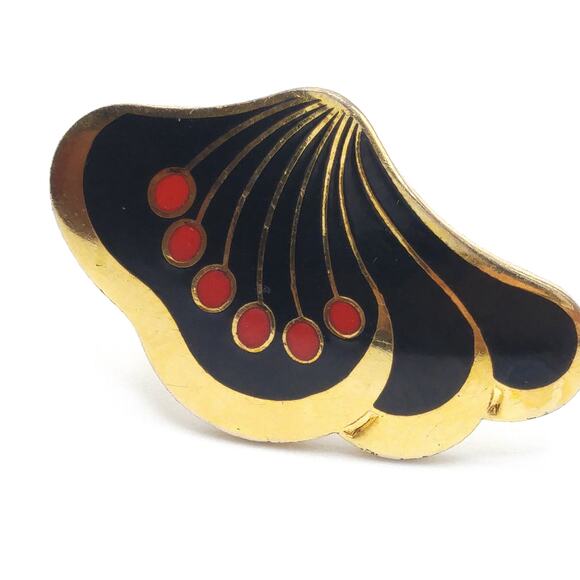 Laurel Burch "Le Fleur" Clip Earrings, Black Red Enamel, Gold Plated, 1980s - Picture 2 of 10